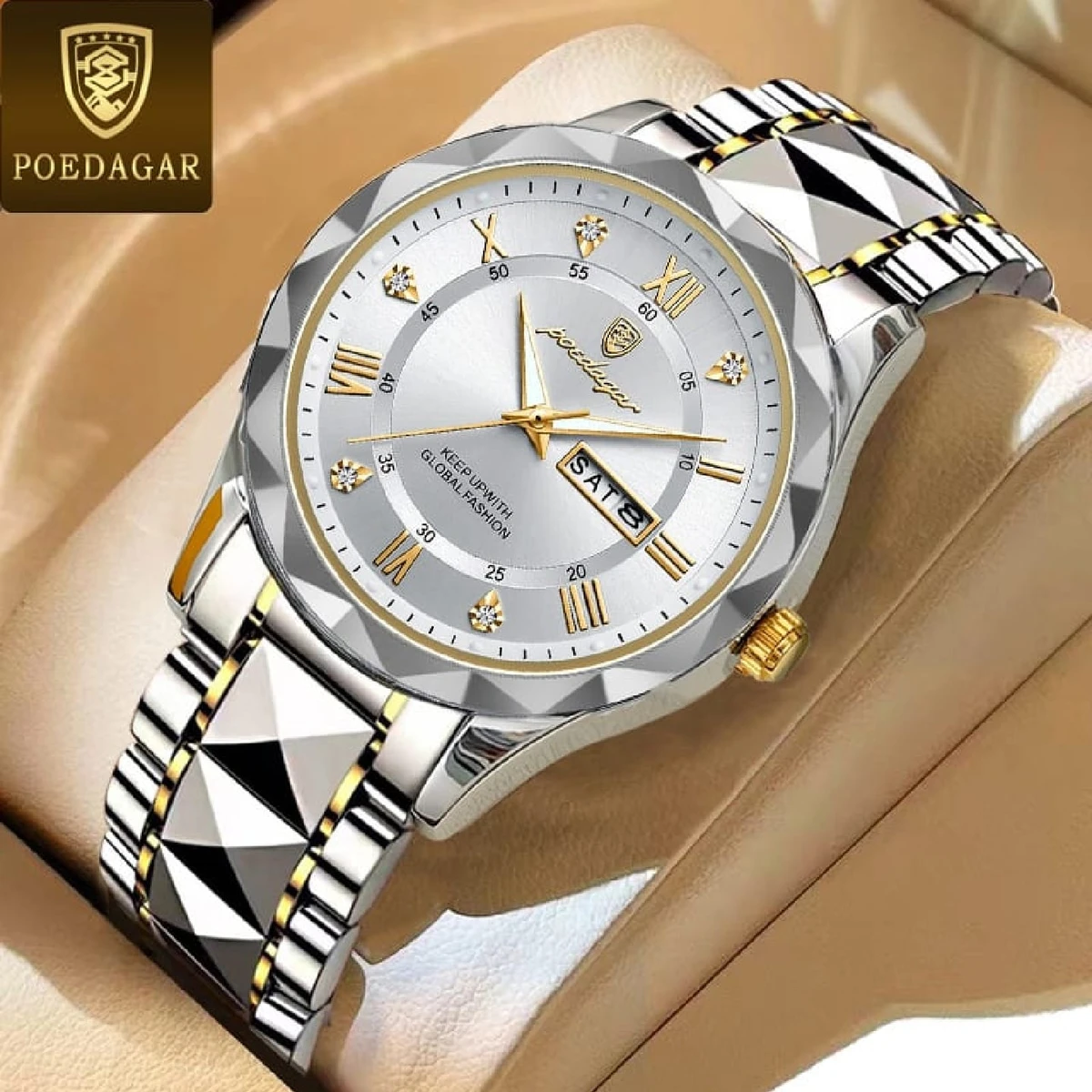 POEDAGAR Diamond Cut New Stylish Watch - Silver White